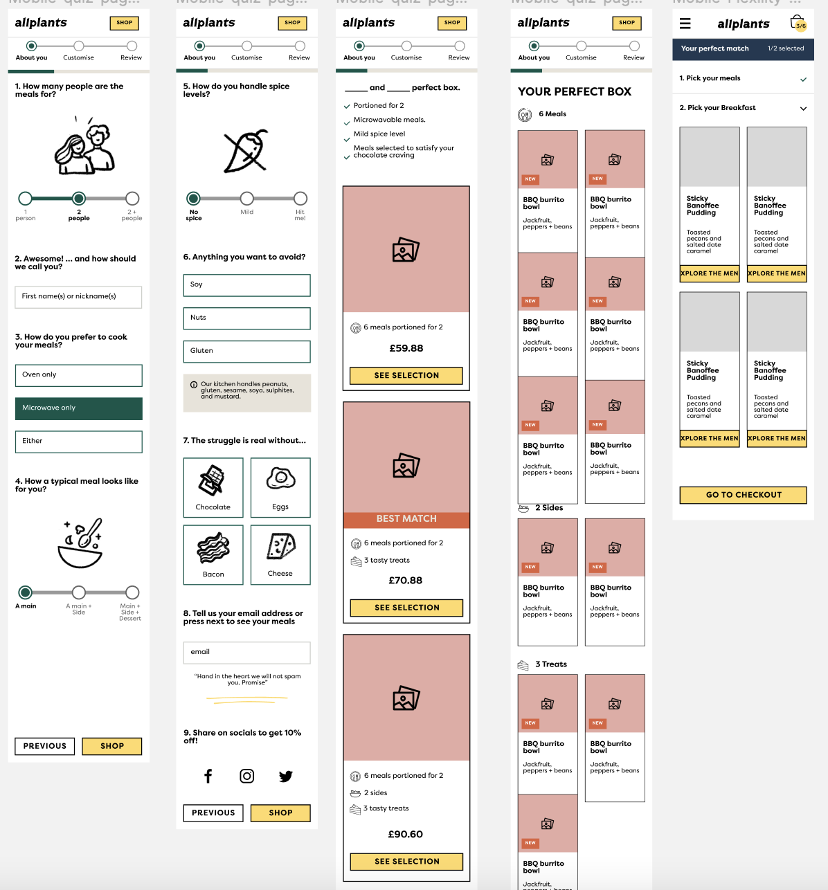 Wireframes of the first iteration of the different screens necessary for the website version of the wizard